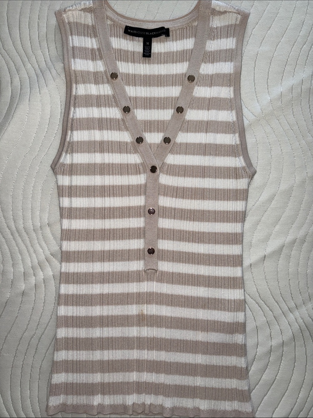 White House Black Market Beige and White Striped Sleeveless Knit Tank
